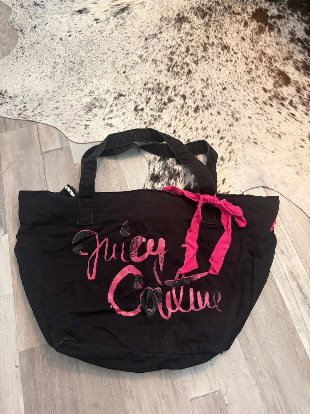Juicy Couture Black Tote with Hot Pink Script and Bow Accent